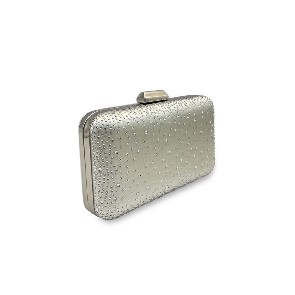 Zijaanzicht van de Zilverkleurige Avond clutch versierd met halve bolletjes in druppel effect