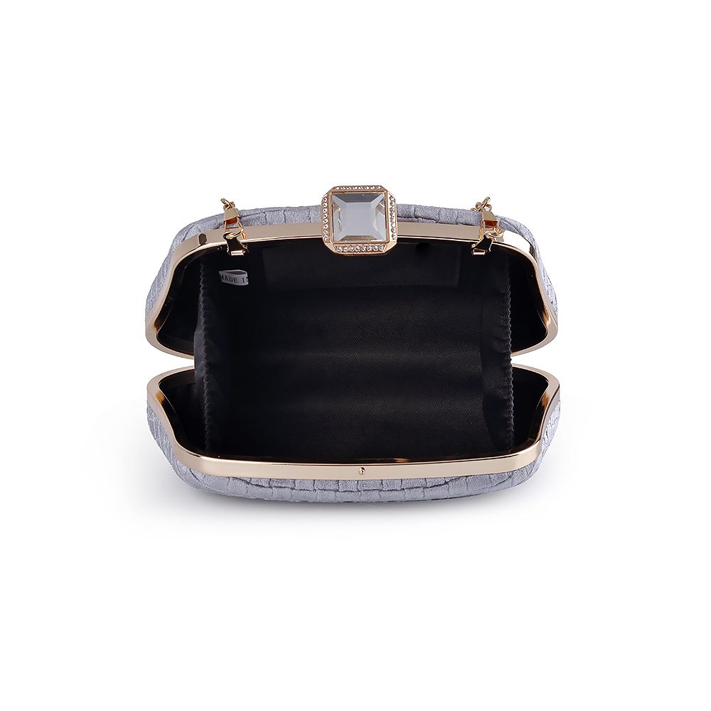 Zilverkleurige Fluweel clutch met diamant style sluiting, open stand