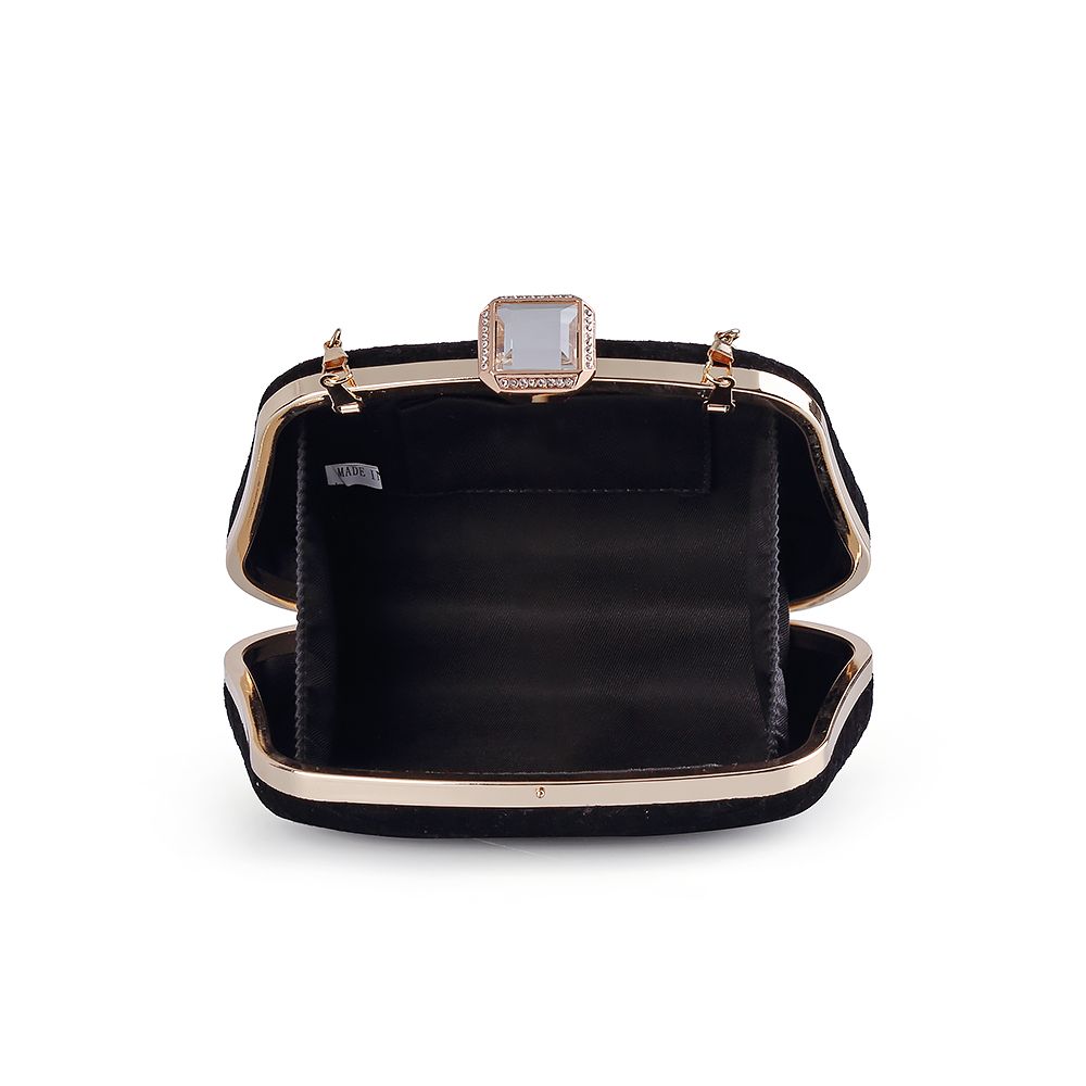 Zwarte Fluweel clutch met diamant style sluiting, open stand
