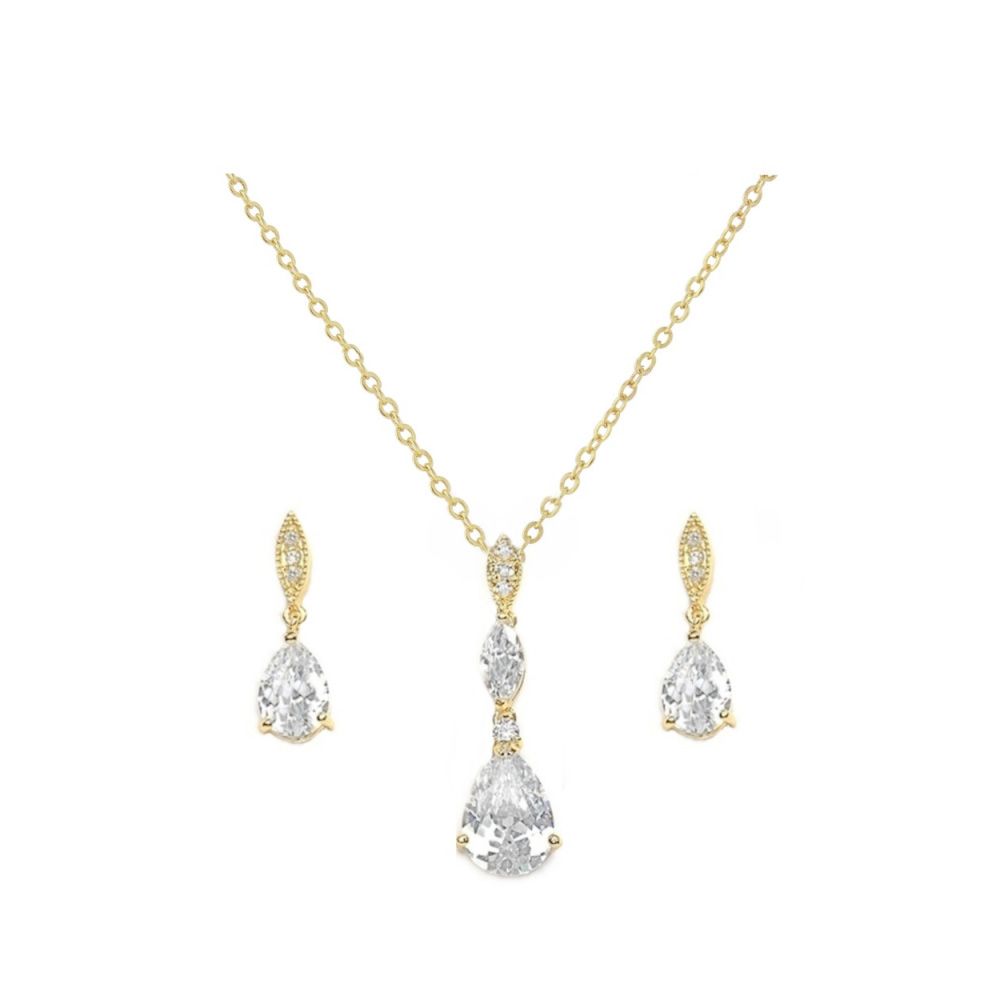 Zirkonia sieraden set van goudkleurige ketting en bijpassende oorbellen