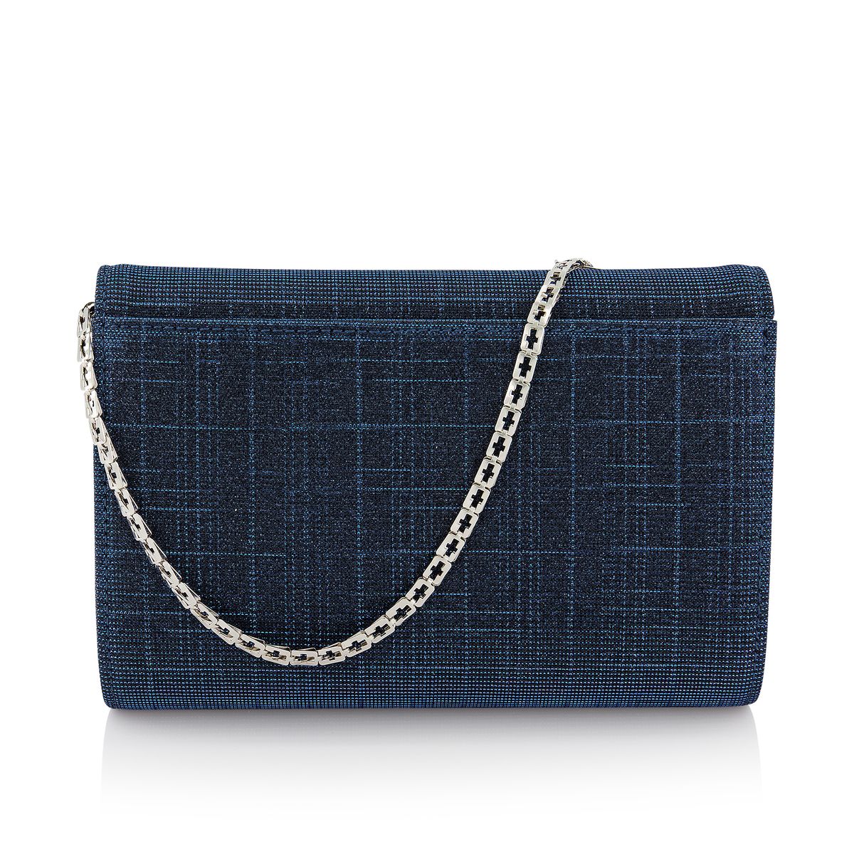 Achterkant van de Navyblauwe compacte clutch met halve envelop klep