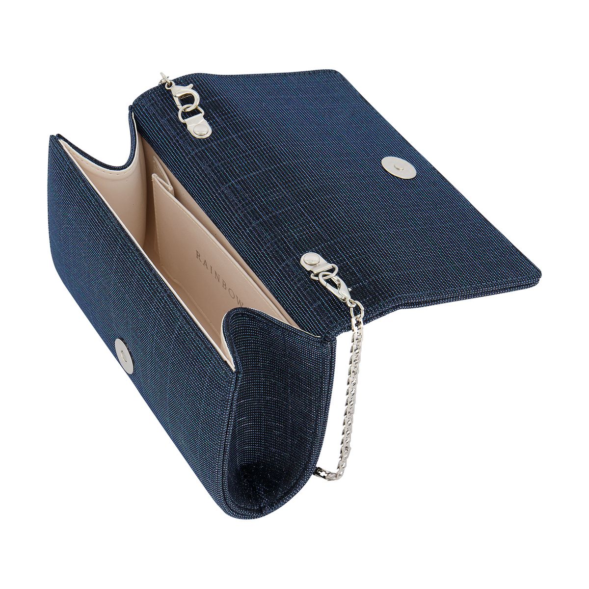 Geopende Navyblauwe compacte clutch met halve envelop klep