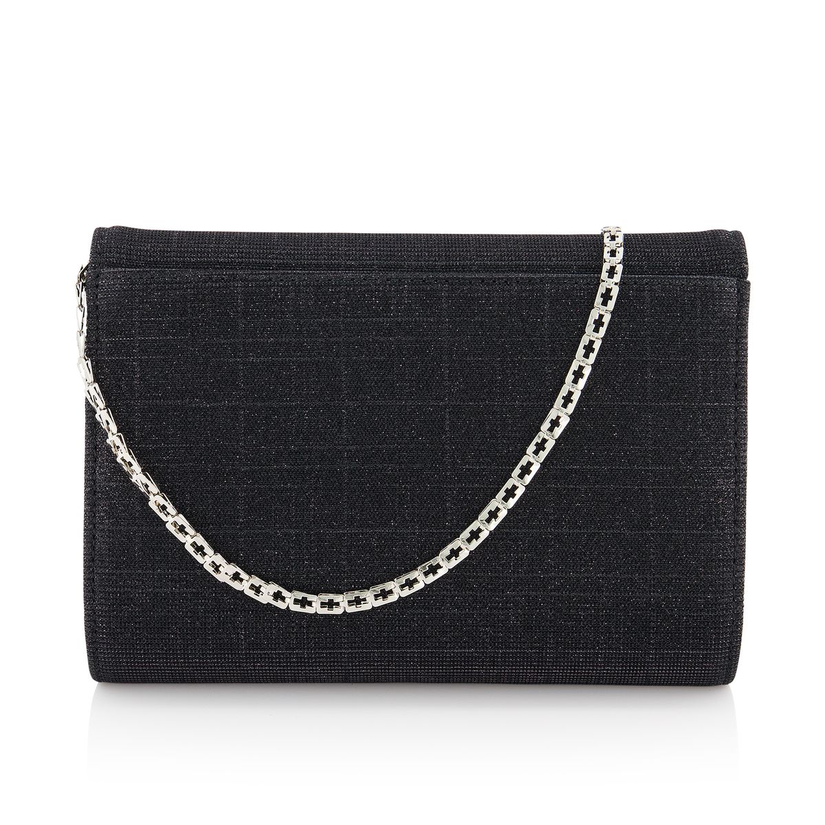 Achterkant van de Zwarte compacte clutch met halve envelop klep