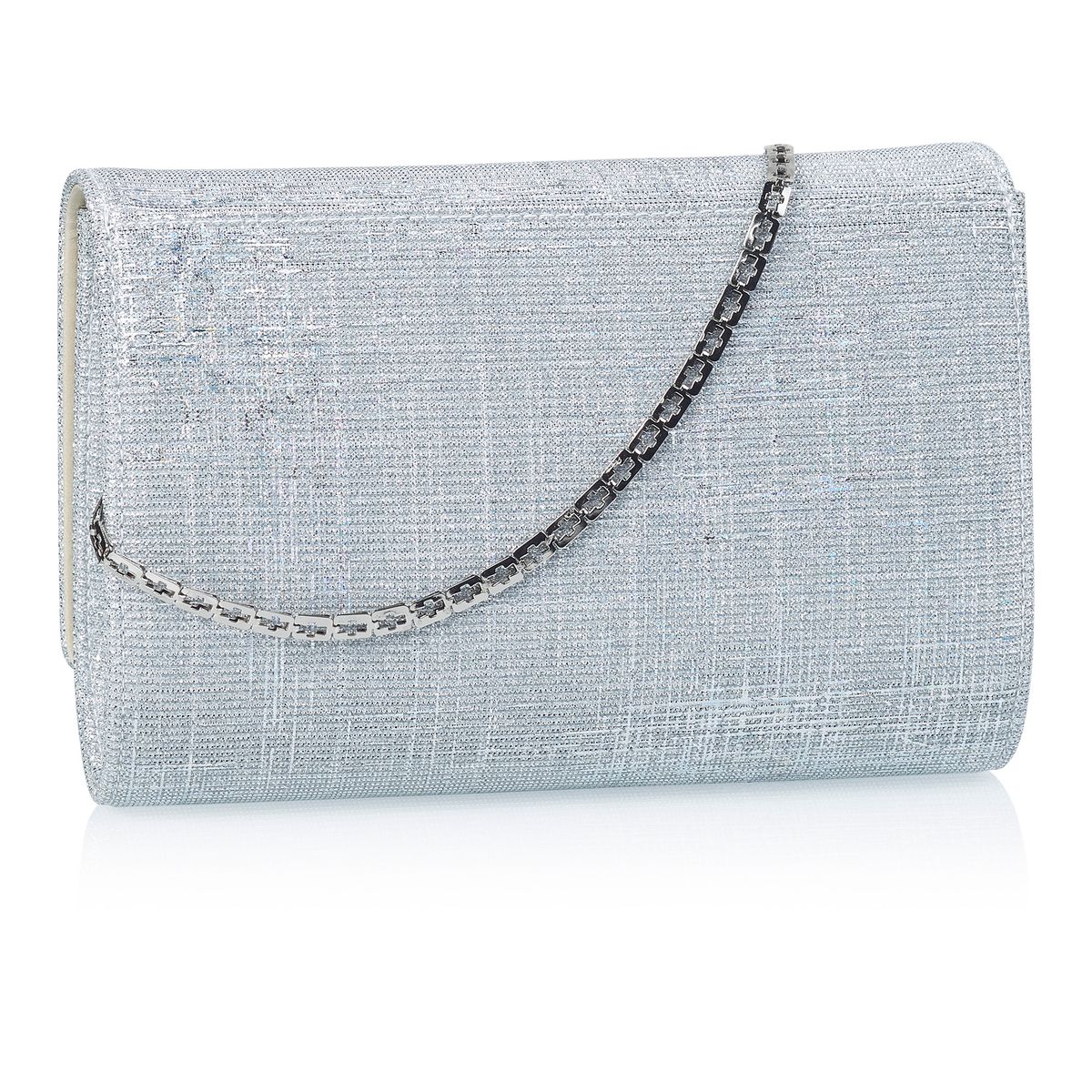 Achterkant van de Zilverkleurige kleine metallic clutch met glitter afwerking