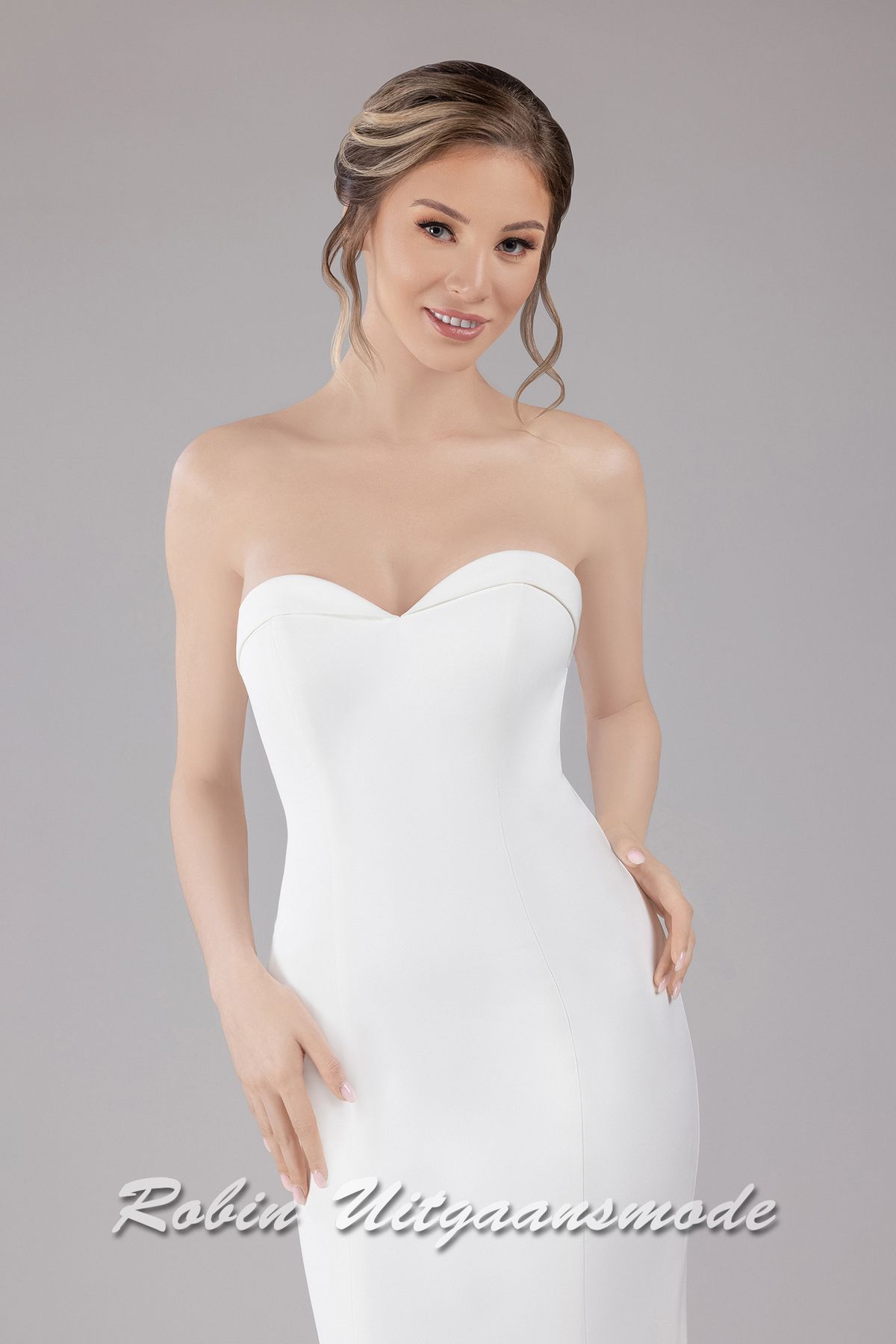 Detail van de Fishtail bruidsjurk met heartshape strapless lijfje