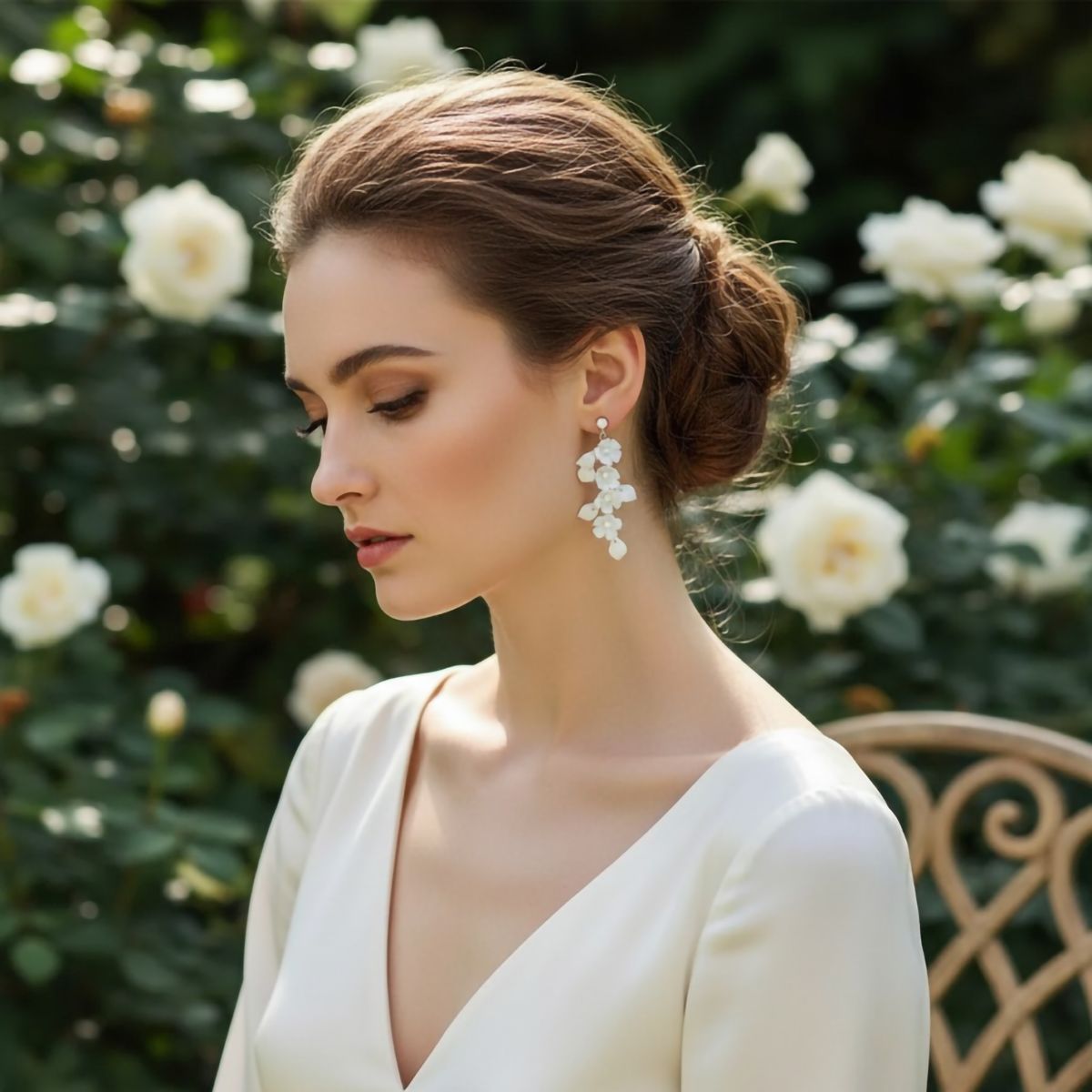 Bloemen en parel oorbellen in rankvorm, gedragen door een model