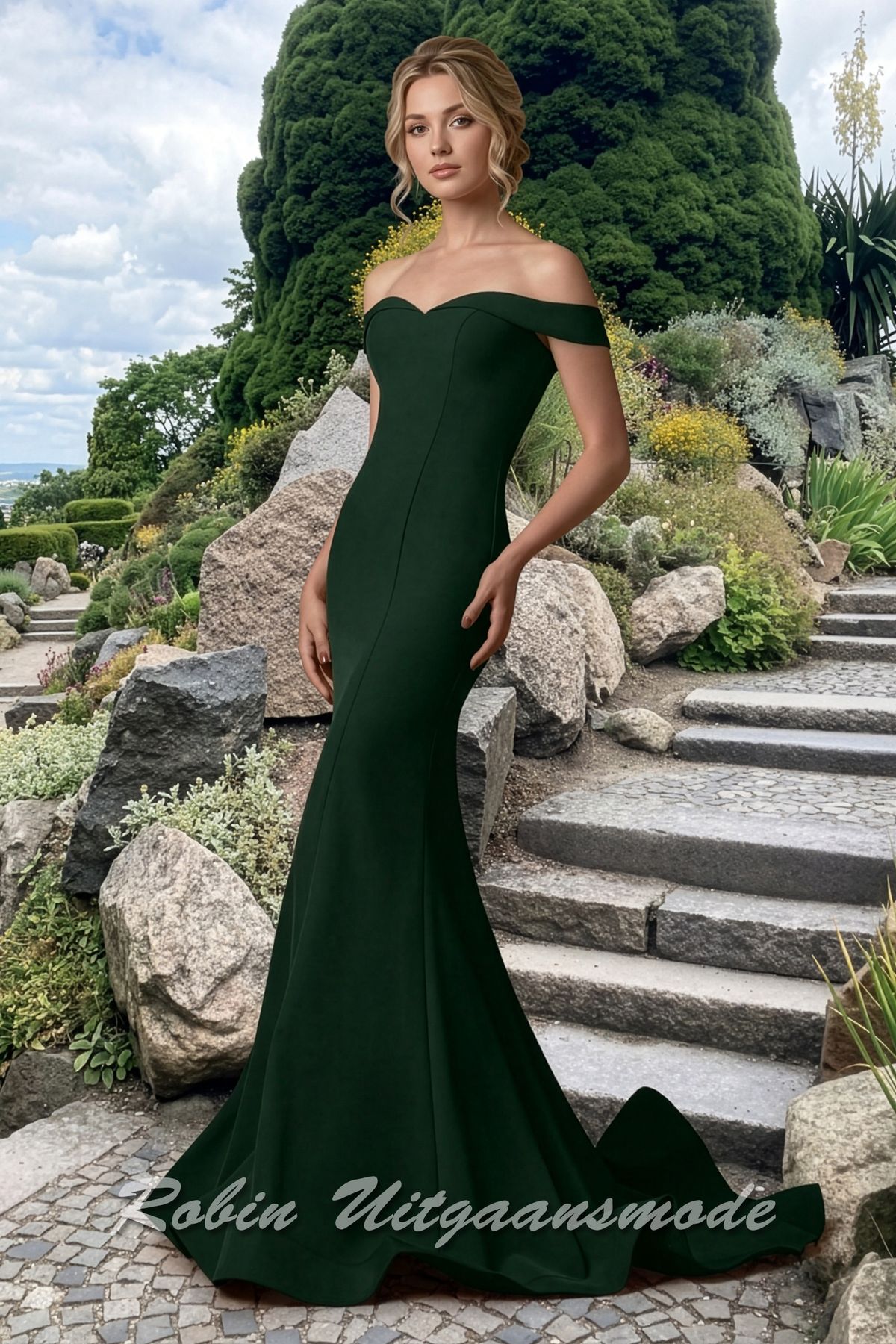 Donkergroene Off-shoulder galajurk met fishtail rok en lange sleep