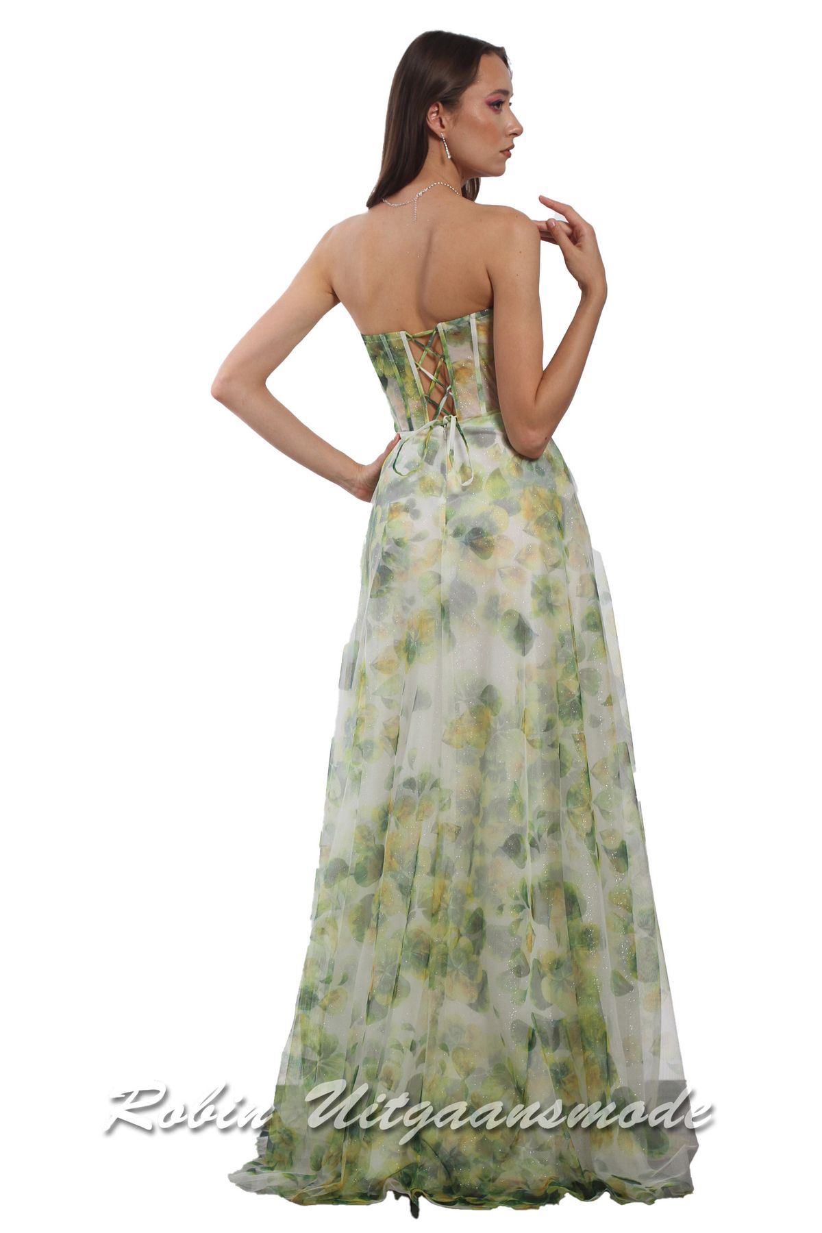 Rug met vetersluiting van de Strapless bloemenprint galajurk met een wijde rok en split
