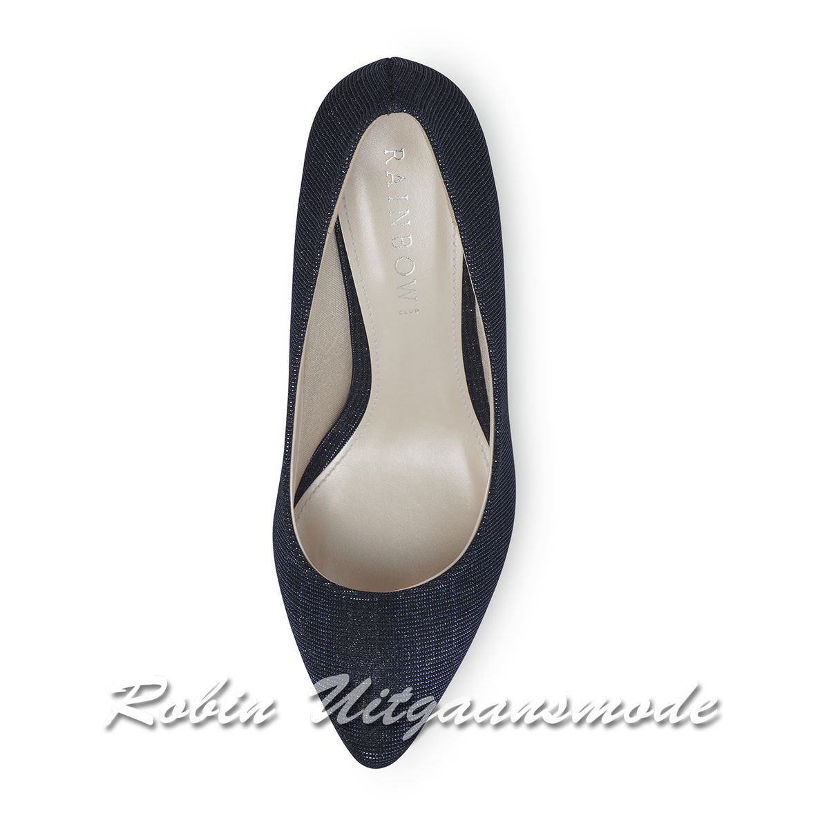 Bovenaanzicht van de Navyblauwe Metallic glamour pump met comfortabele hak