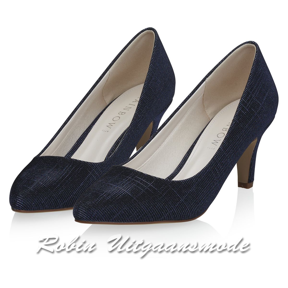 Paar Navyblauwe Metallic glamour pump met comfortabele hak