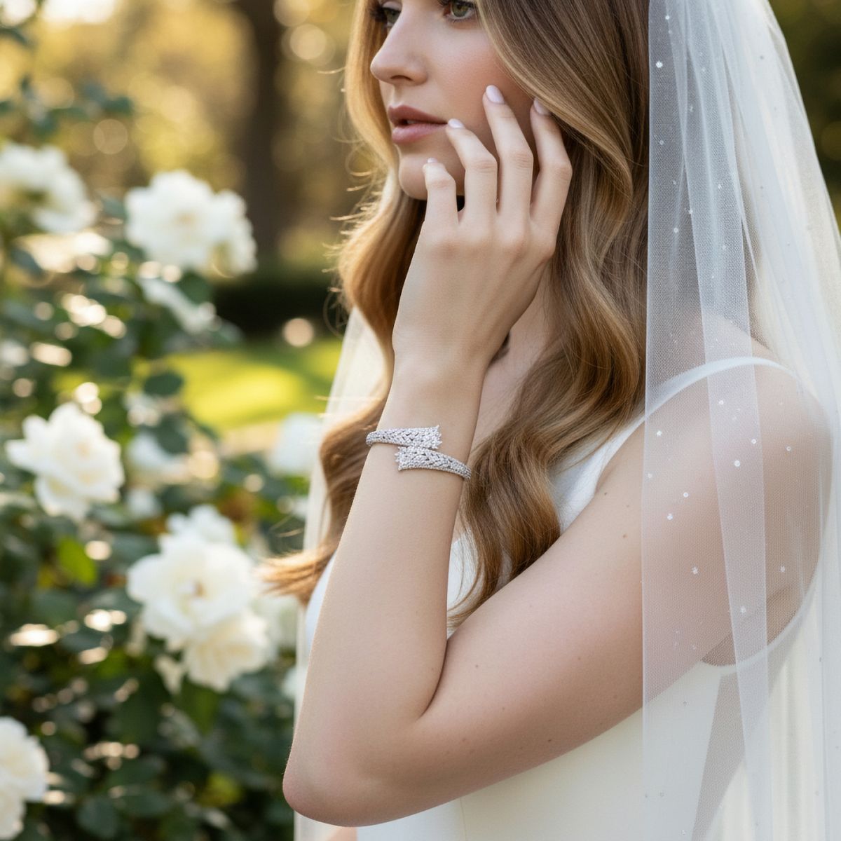 Luxe armband met sprankelende zirkonia kristallen, gedragen door een bruid