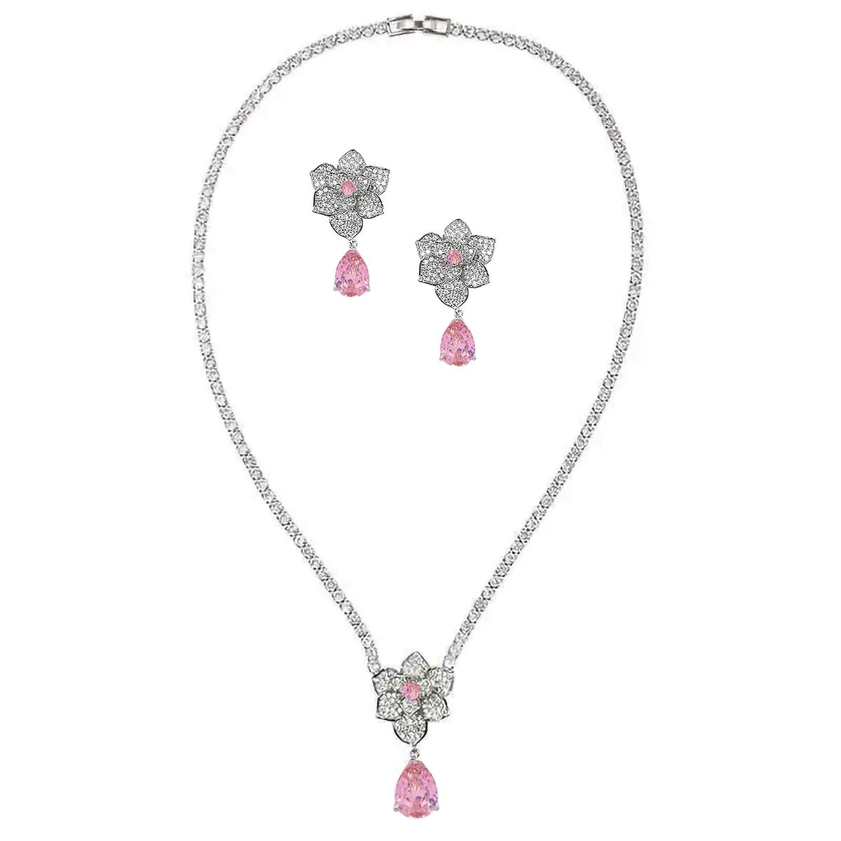 Vintage style ketting en oorbellen met roze kristallen