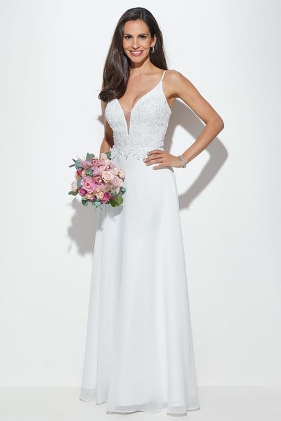 Eenvoudige trouwjurk met kanten lijfje en chiffon rok