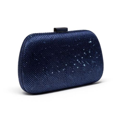 Navy blauwe Ovale glamour clutch met sprankelende kristallen, zijaanzicht