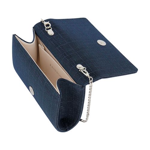 Geopende Navyblauwe compacte clutch met halve envelop klep