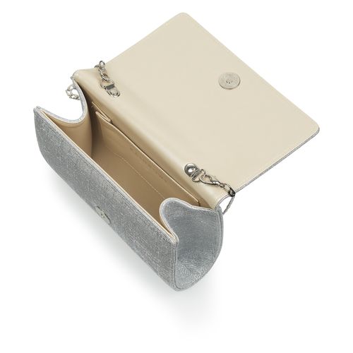 Geopende Zilverkleurige kleine metallic clutch met glitter afwerking