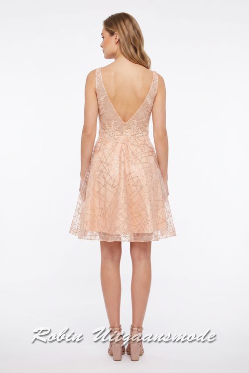Achterkant van de Roze kanten cocktailjurk met mooie V-hals en korte rok tot boven de knie.