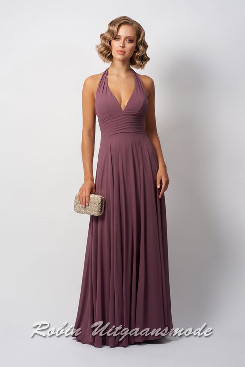Amethist halter avondjurk met V-hals, een geplooide taille en sluikvallende chiffon rok tot op de grond