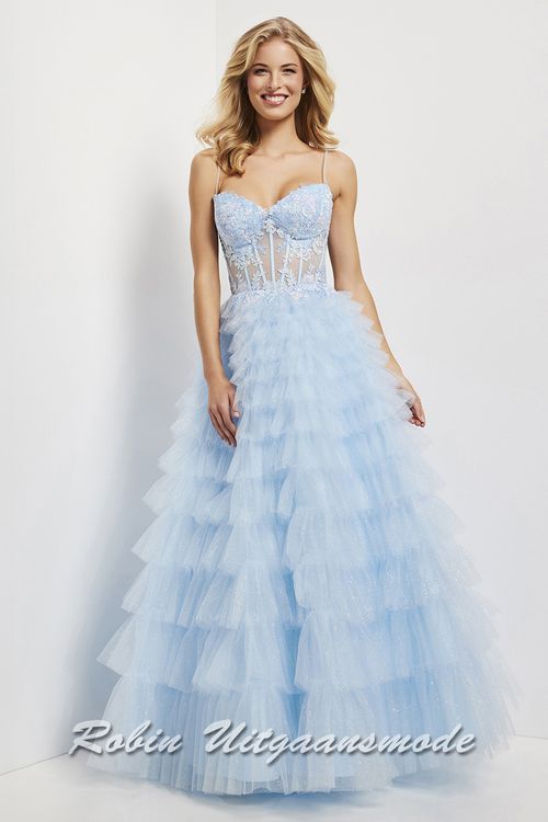 Lichtblauwe Galajurk met  een waterval tule rok en korset style kanten top