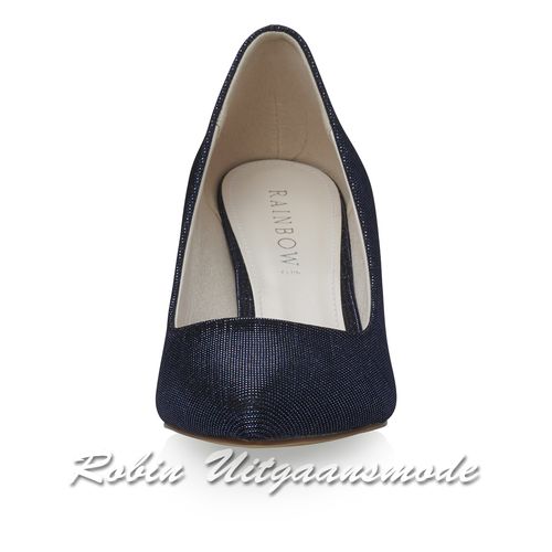 Voorkant van de Navyblauwe Metallic glamour pump met comfortabele hakak