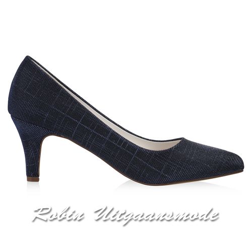 Zijaanzicht van de Navyblauwe Metallic glamour pump met comfortabele hak