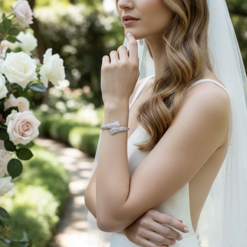 Luxe armband met sprankelende zirkonia kristallen, gedragen door een bruid