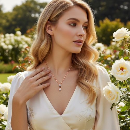 Stijlvolle roségoudkleurige ketting met zirkonia kristallen, gedragen door een model