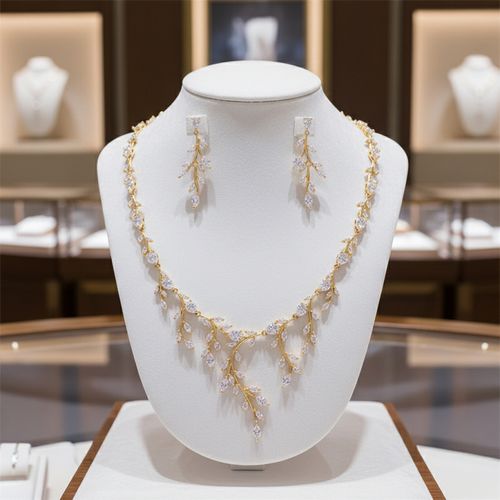 Extravagante ketting en oorbellen set afgewerkt met zirkonia kristallen, op een torso display
