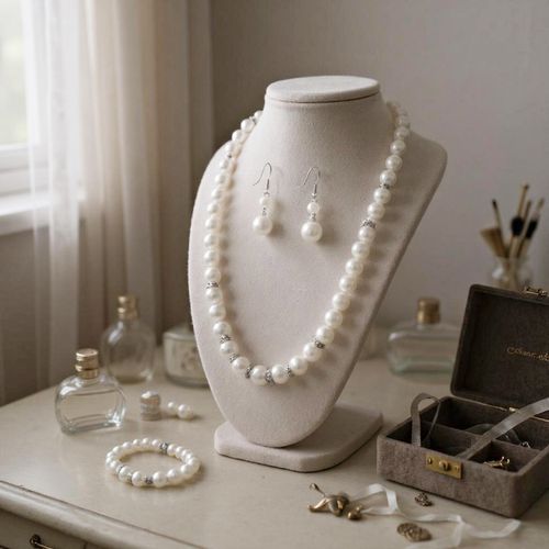 Driedelige parel sieradenset van ketting, oorbellen en armband, displayed op een torso