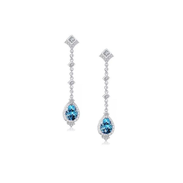 Lange glamour oorbellen met zirkonia en aqua blauwe kristal