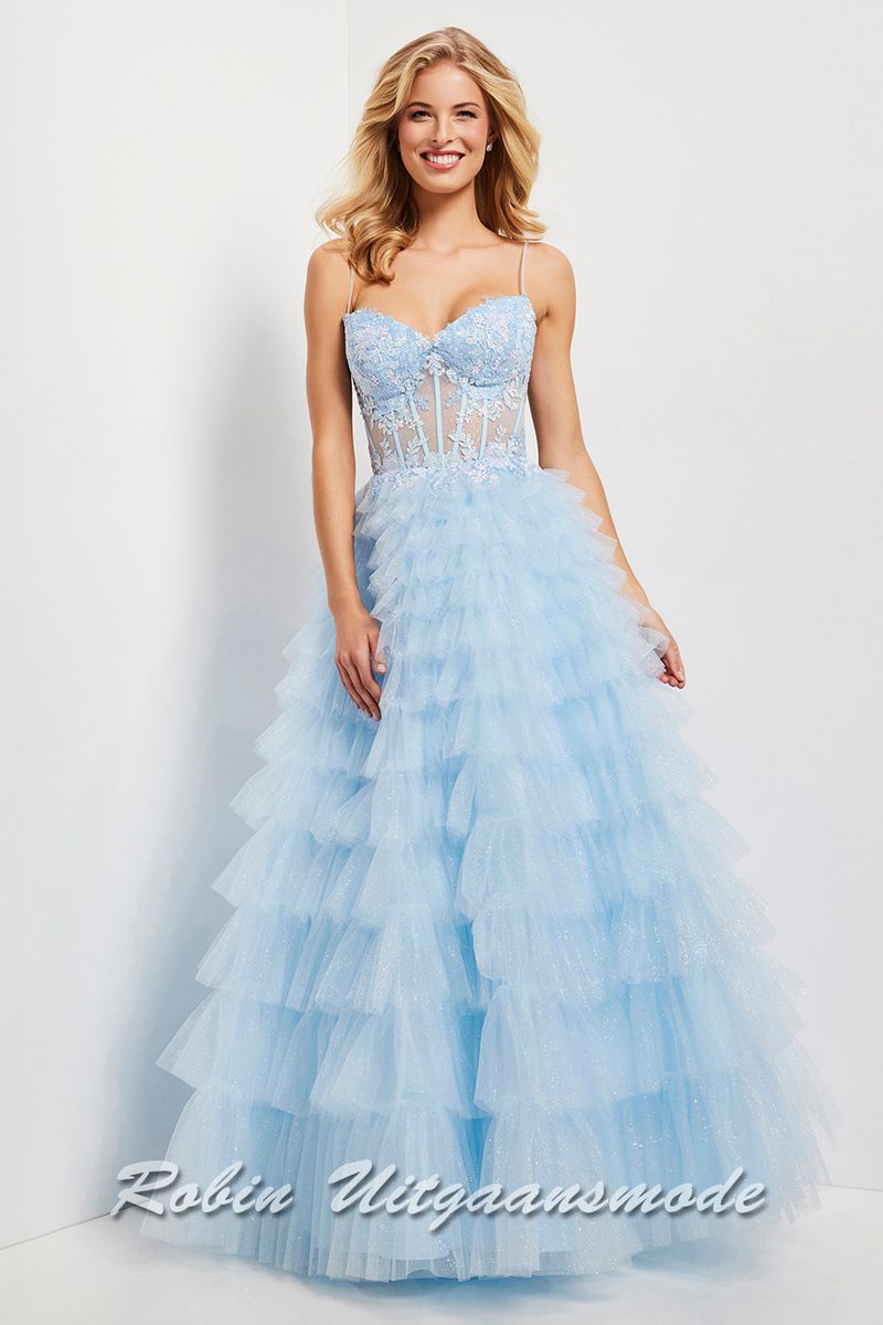 Lichtblauwe Galajurk met  een waterval tule rok en korset style kanten top
