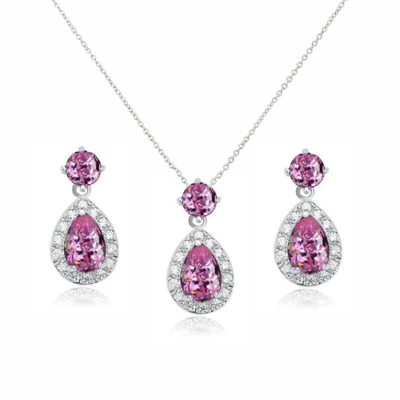 Sieraden set met peervormige hangers en roze zirkonia