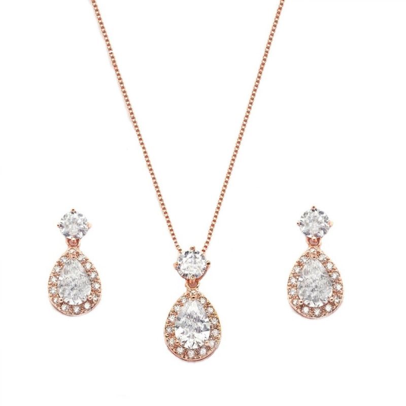 Rose goudkleurige sieraden set met peervormige zirkonia hangers