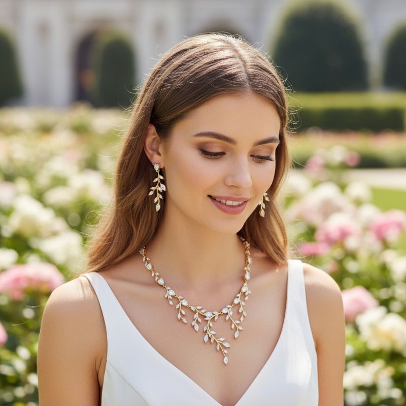 Extravagante ketting en oorbellen set afgewerkt met zirkonia kristallen, gedragen door een model