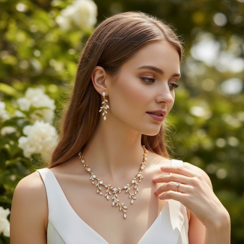 Extravagante ketting en oorbellen set afgewerkt met zirkonia kristallen, gedragen door een model
