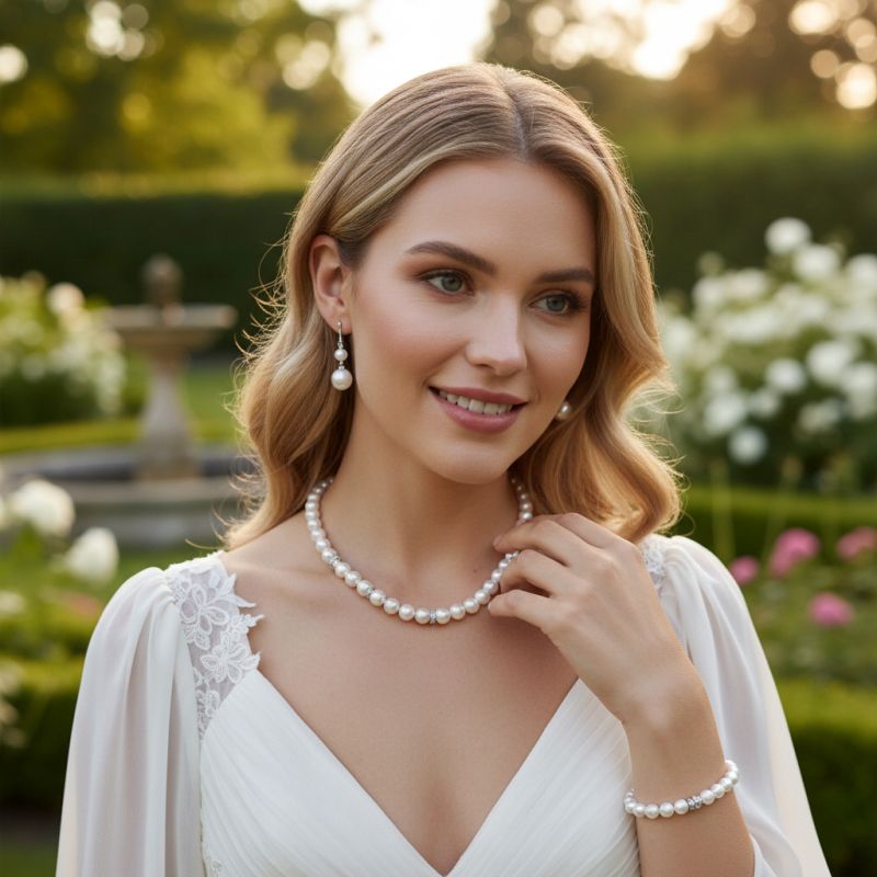 Driedelige parel sieradenset, van ketting, oorbellen en armband, gedragen door een model