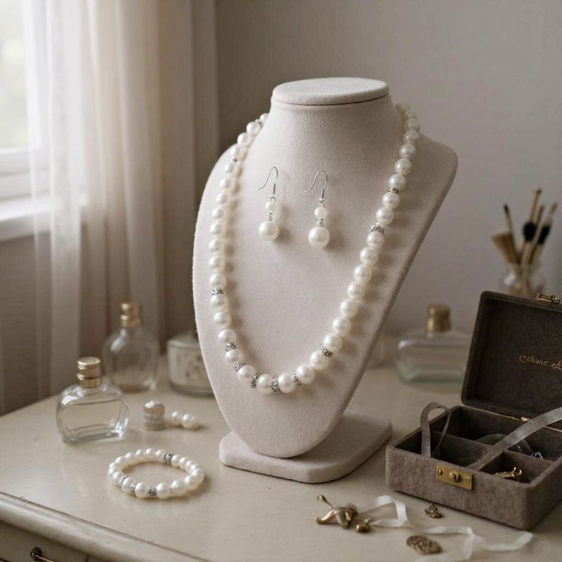 Driedelige parel sieradenset van ketting, oorbellen en armband, displayed op een torso